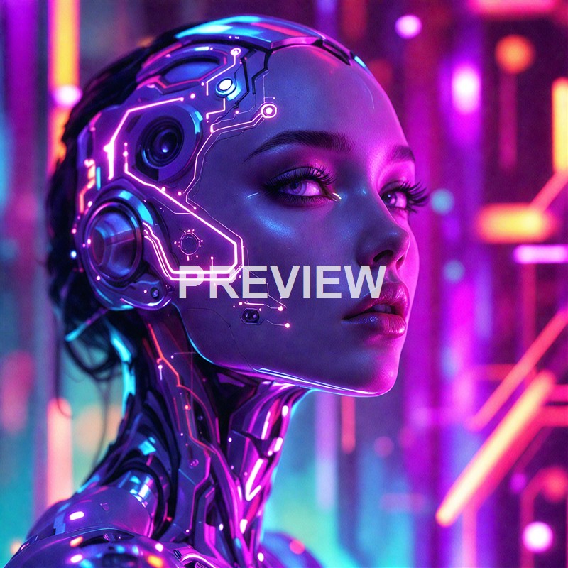 A woman with human features is depicted with a futuristic cybernetic headgear that emits neon lights, set against a vibrant, tech-inspired background.